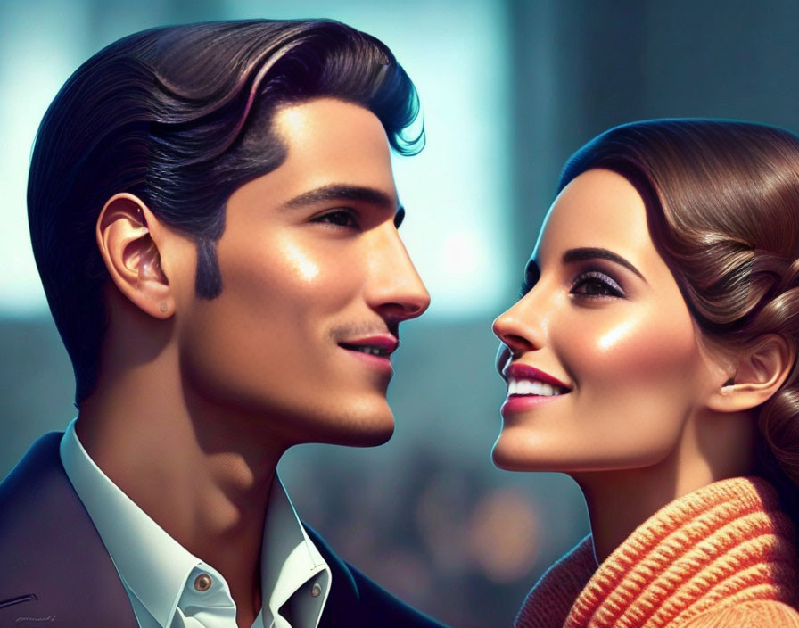 Vibrant digital illustration of stylish man and woman smiling at each other