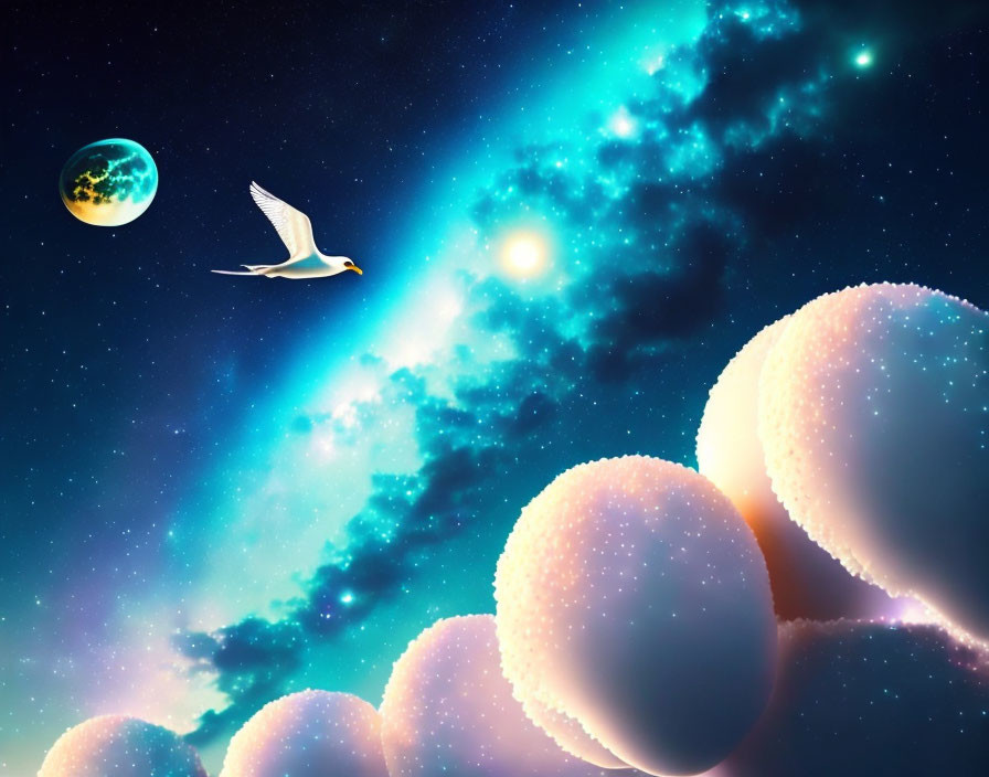 Surreal cosmic scene with glowing orbs, bird, star, and Earth view