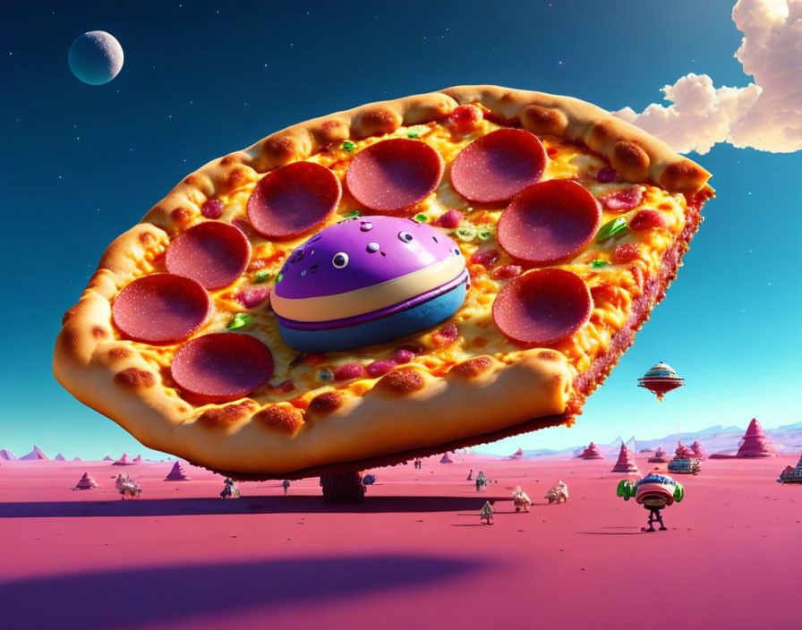 Surreal landscape featuring giant pizza flying saucer in purple skies