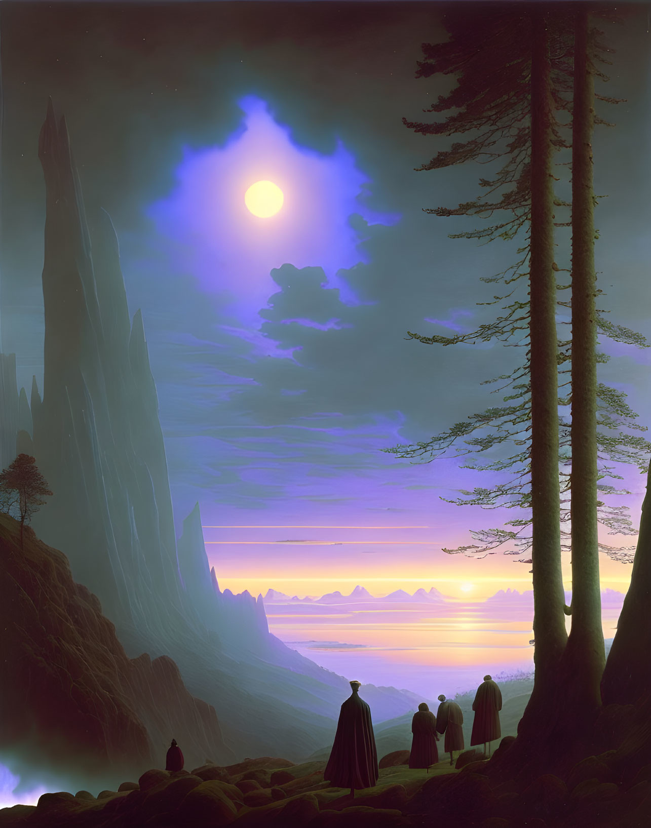 Robed Figures in Forest at Twilight with Full Moon and Purple Sky