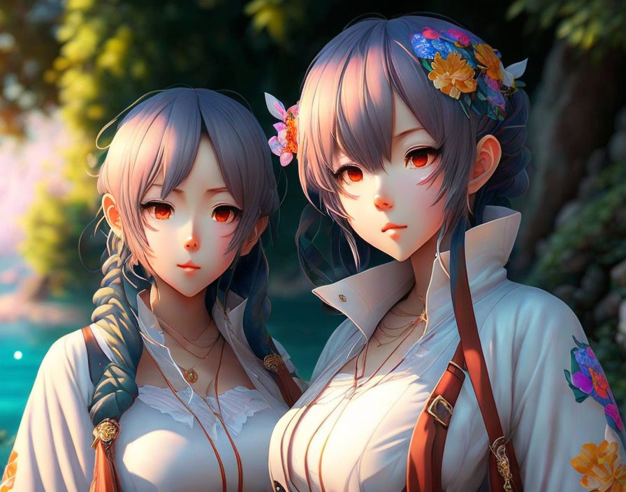 Serene animated female characters with floral hair adornments in front of nature backdrop