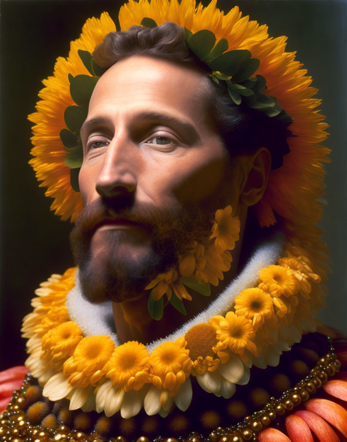 Bearded man with vibrant flower collar on dark background