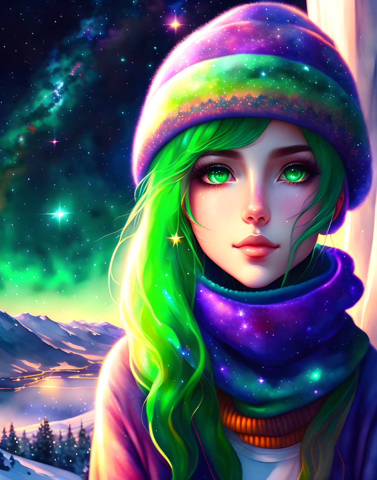 Colorful digital artwork: Woman with green hair, galaxy hat, starry night sky background