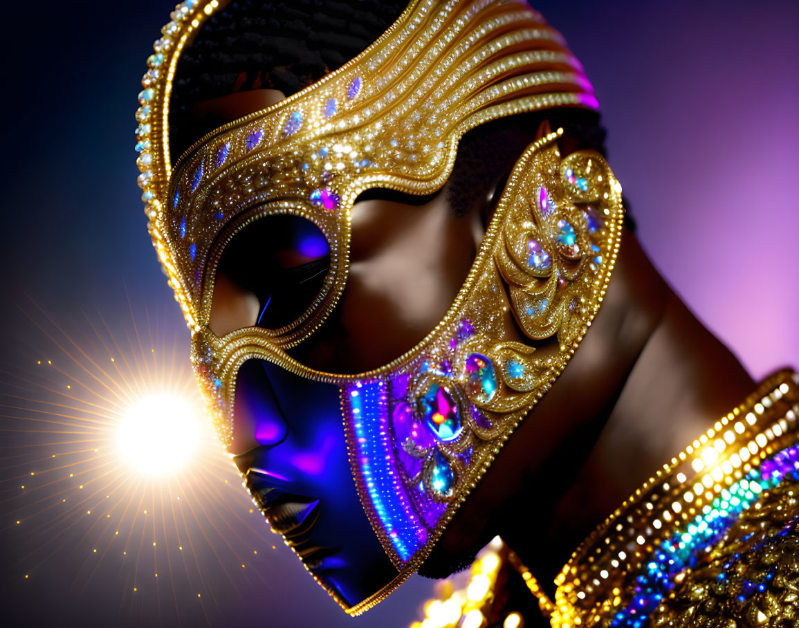 Detailed Golden Masquerade Mask with Jewels on Dark Background