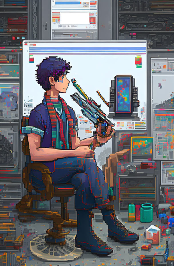 Pixel art of person at messy desk with colorful gun-like object