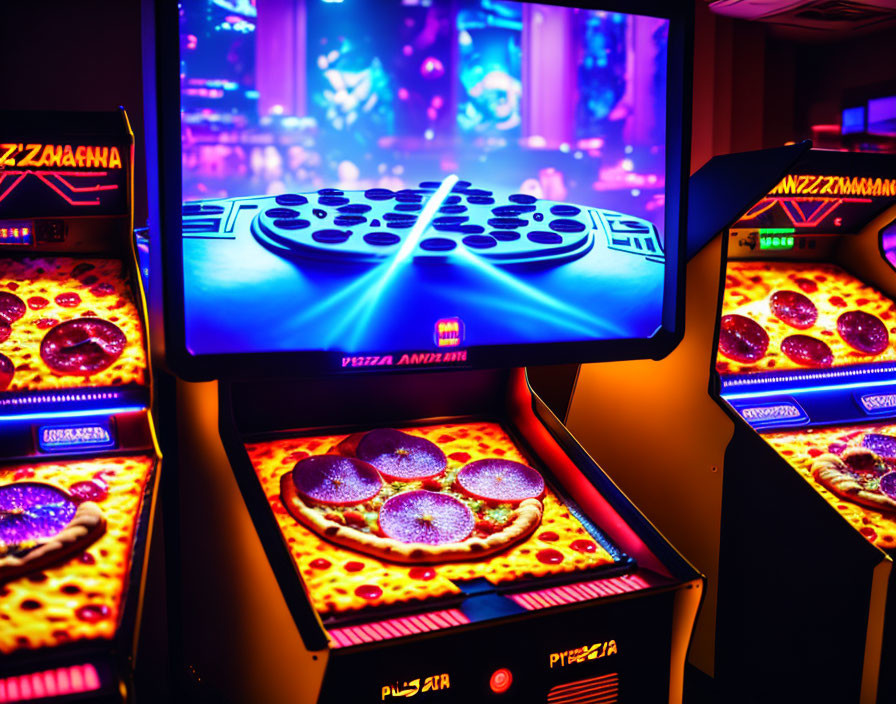 Arcade games with pizza-themed screens in dimly lit room