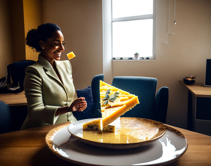 Businesswoman experiencing augmented reality digital cheesecake slices in office setting