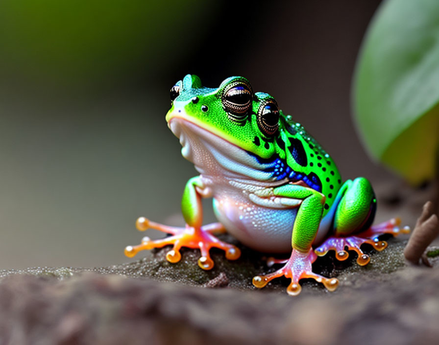 Colorful Green and Black Frog with Orange Feet on Rock in Soft-focus Background