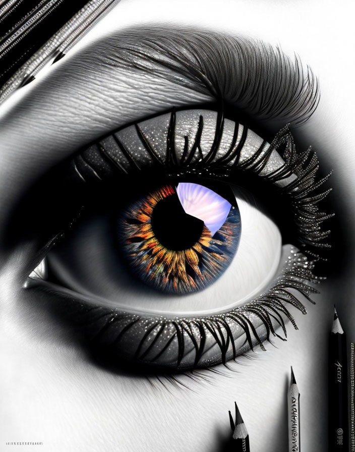 Detailed vibrant eye with long eyelashes and black eyeliner, surrounded by drawing pencils