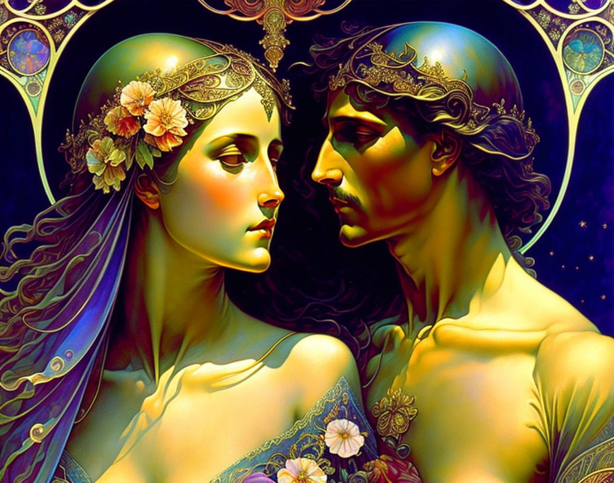 Stylized romantic figures with elaborate headdresses in vibrant embrace