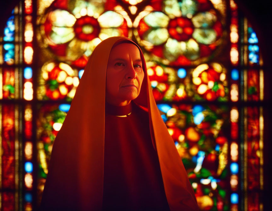 Contemplative nun in front of colorful floral stained-glass window