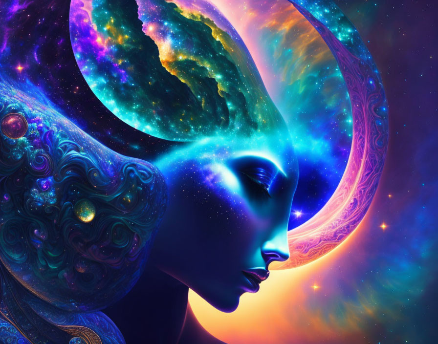 Colorful Profile of Woman with Cosmic Elements and Nebula Patterns