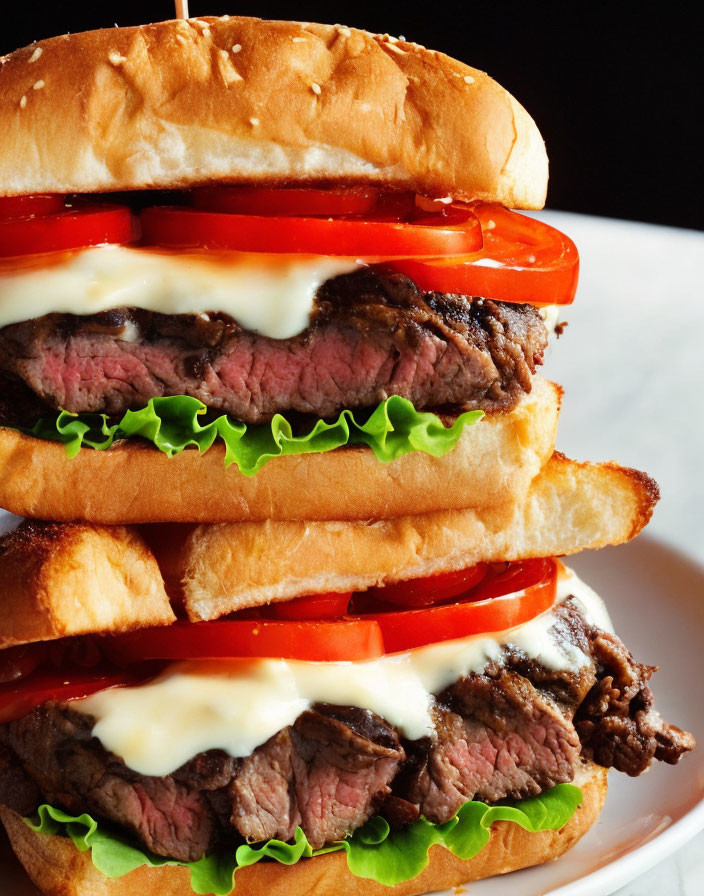 Double-Decker Steak Sandwich with Melted Cheese, Lettuce, Tomato