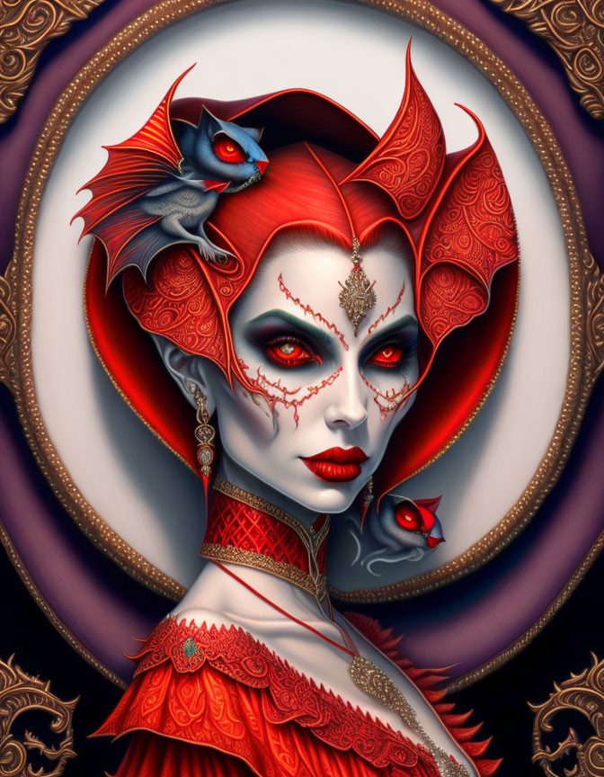 Fantasy Portrait: Woman with Red and White Makeup, Horn-like Hair, Ornate Attire,