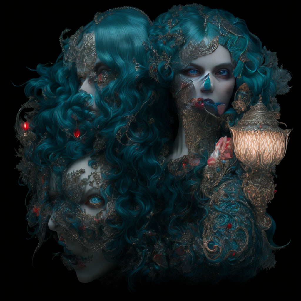 Elaborate blue curls and gold masks on faces against dark background