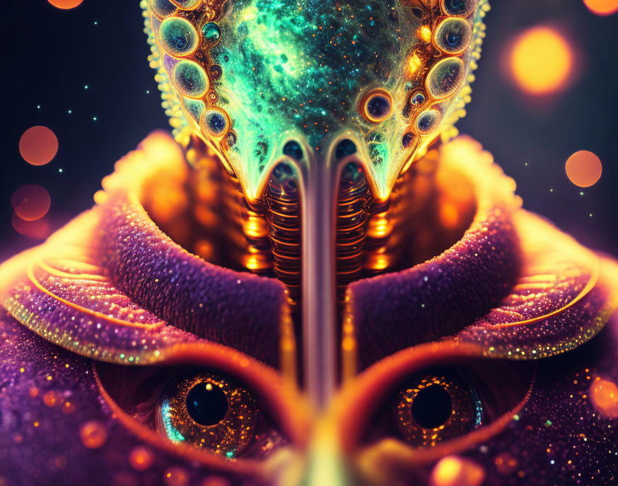 Colorful digital art: Alien-like structure with glowing orbs in cosmic eye backdrop