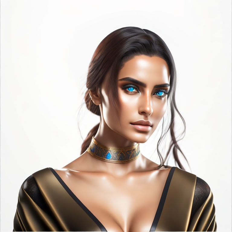 Portrait of a woman with blue eyes and dark hair in gold choker and black outfit