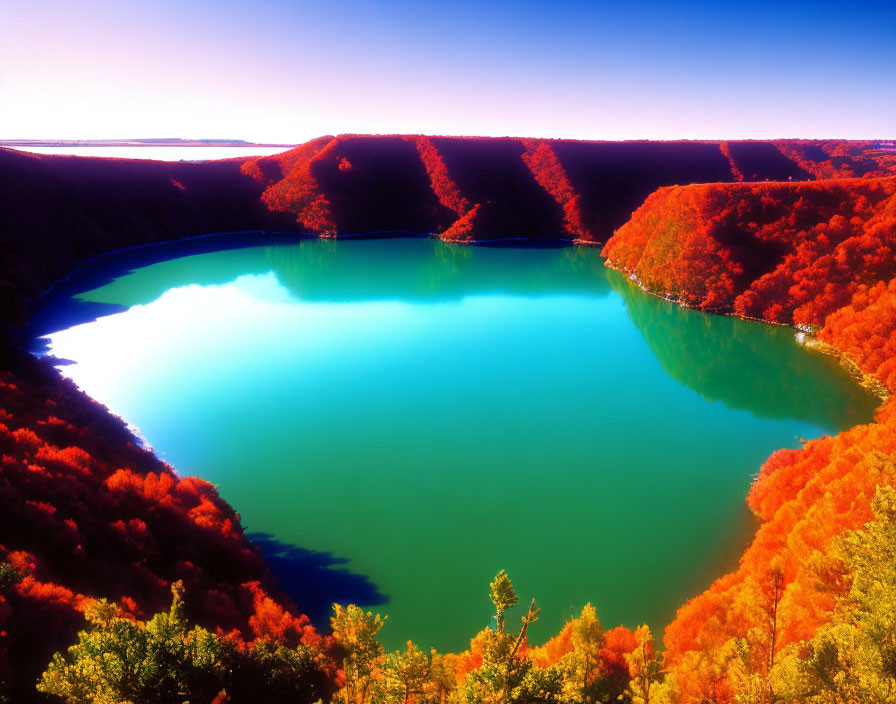 Vibrant turquoise lake with red-orange hills and blue sky