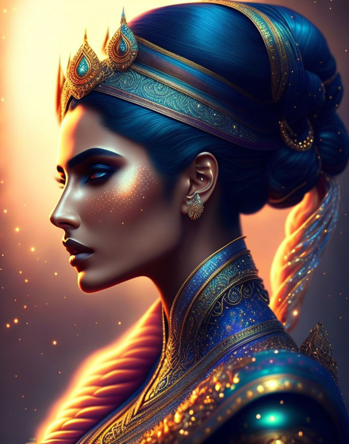 Regal woman with luminescent complexion in blue and gold attire against starry backdrop