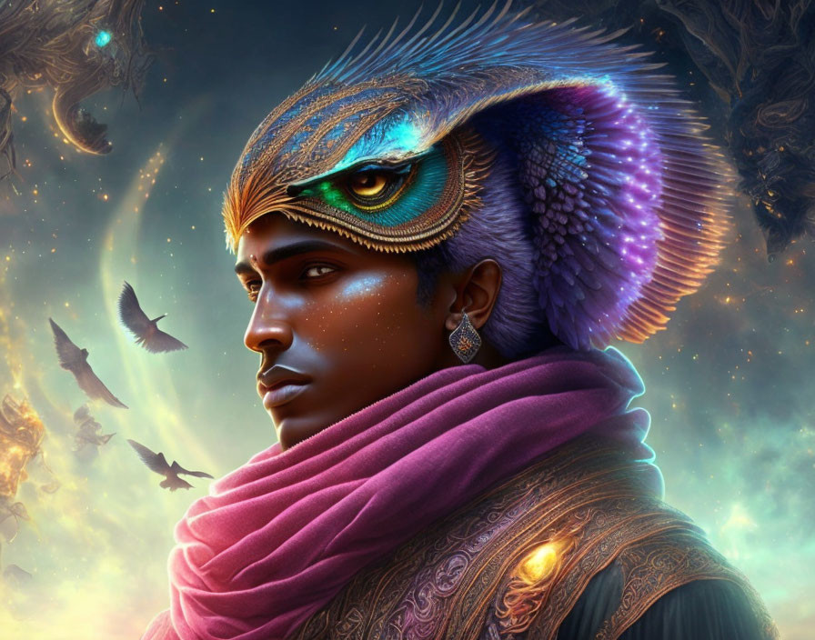 Person wearing elaborate fantasy bird headdress in cosmic background with flying birds and nebulae.