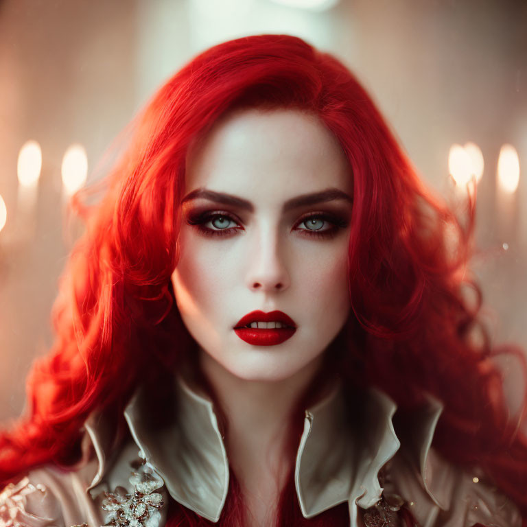 Vibrant red-haired woman with bold makeup and white blouse