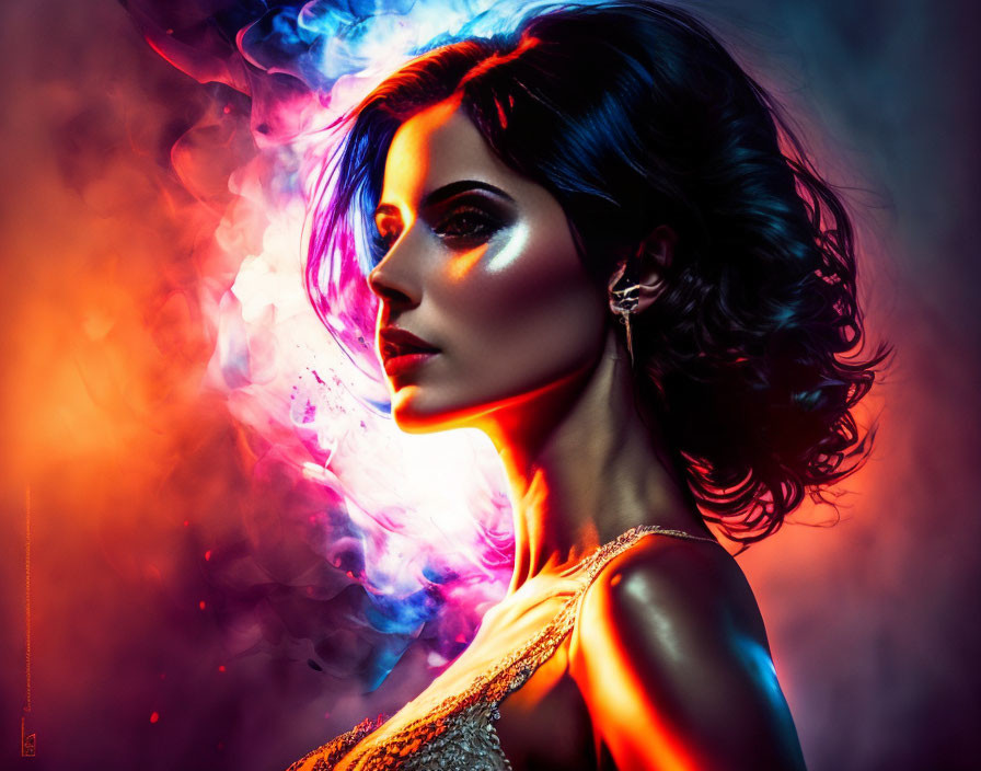 Vibrant blue and red smoke surround woman with dramatic makeup and wavy hair