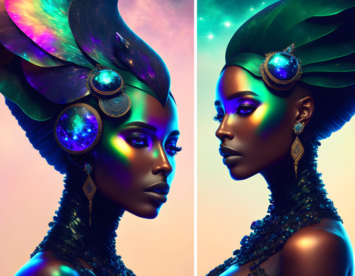 Iridescent-skinned female figure with cosmic headwear on gradient backdrop