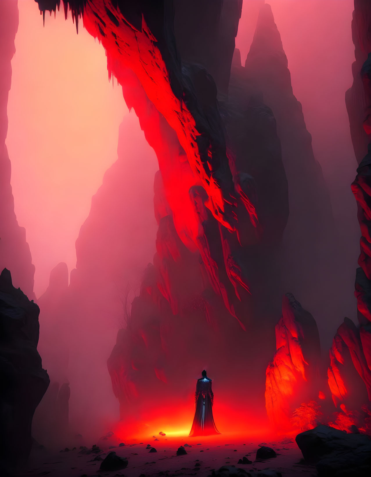 Figure in Red Sky Surrounded by Dark Cliffs