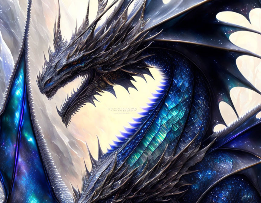 Detailed illustration of majestic blue dragon with iridescent scales and butterfly-like wings in cosmic scene