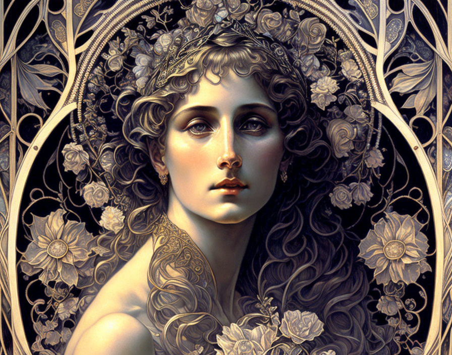 Detailed Art Nouveau Style Female Figure with Elaborate Floral Patterns