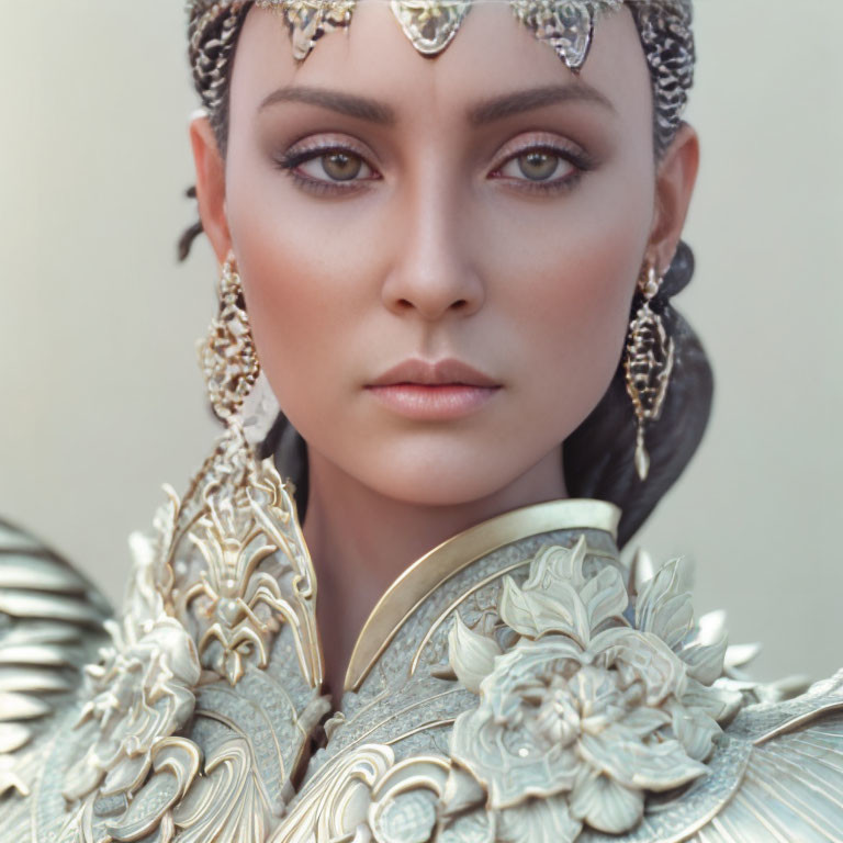 Woman with decorative headwear and metallic shoulder armor in intense gaze.