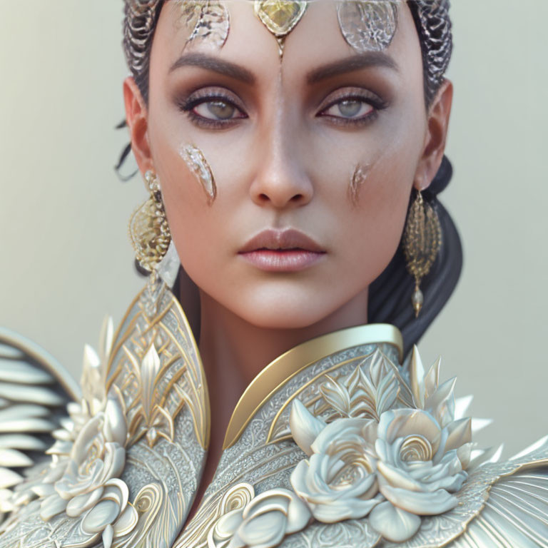 Ornate Golden Headdress and Jewelry on Woman Portrait