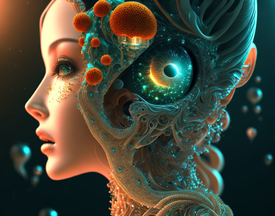 Futuristic female figure with glowing eye and mechanical details.