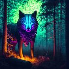 Luminescent multicolored wolf in mystical forest with neon figure