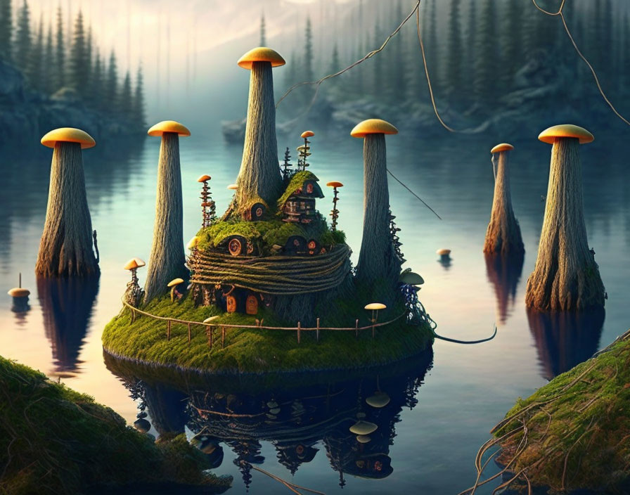 Fantasy landscape with whimsical house, giant mushrooms, and misty water