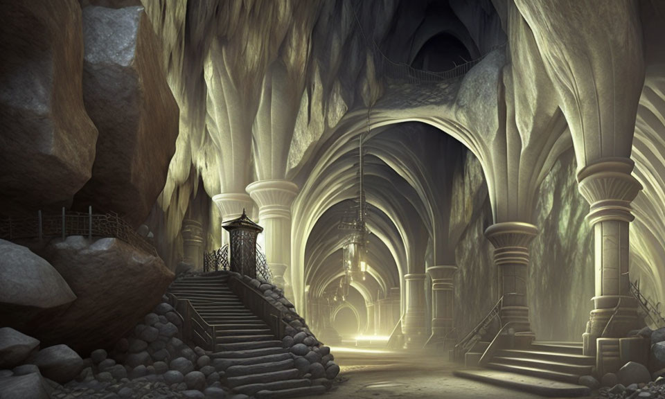 Majestic underground cavern with stone archways and columns