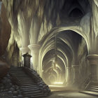 Mystical underground hall with arched entrances and cloaked figures.