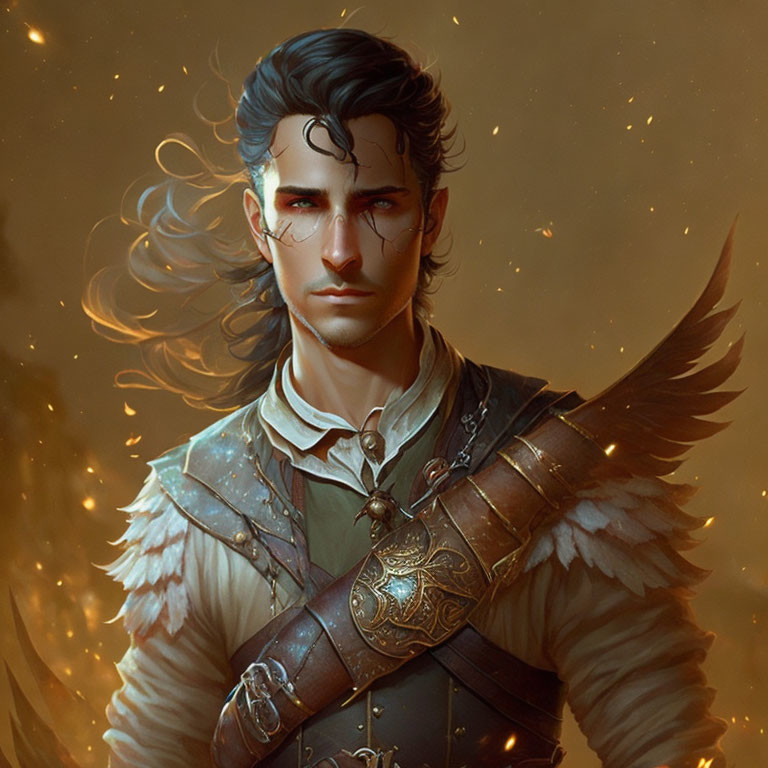 Fantasy illustration of male figure with winged shoulder piece in golden light