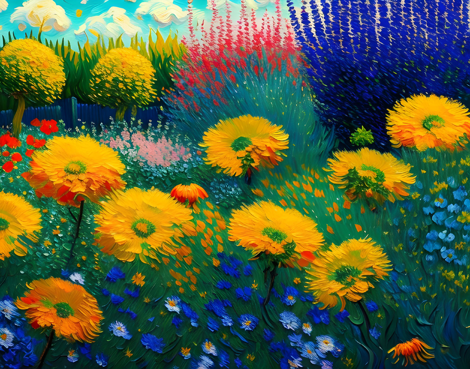 Colorful Flower Field Painting with Sunflowers, Poppies, and Blue Blossoms