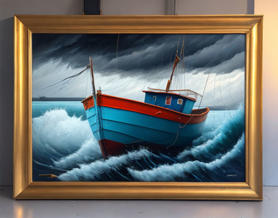 Framed painting of vibrant boat on stormy waves