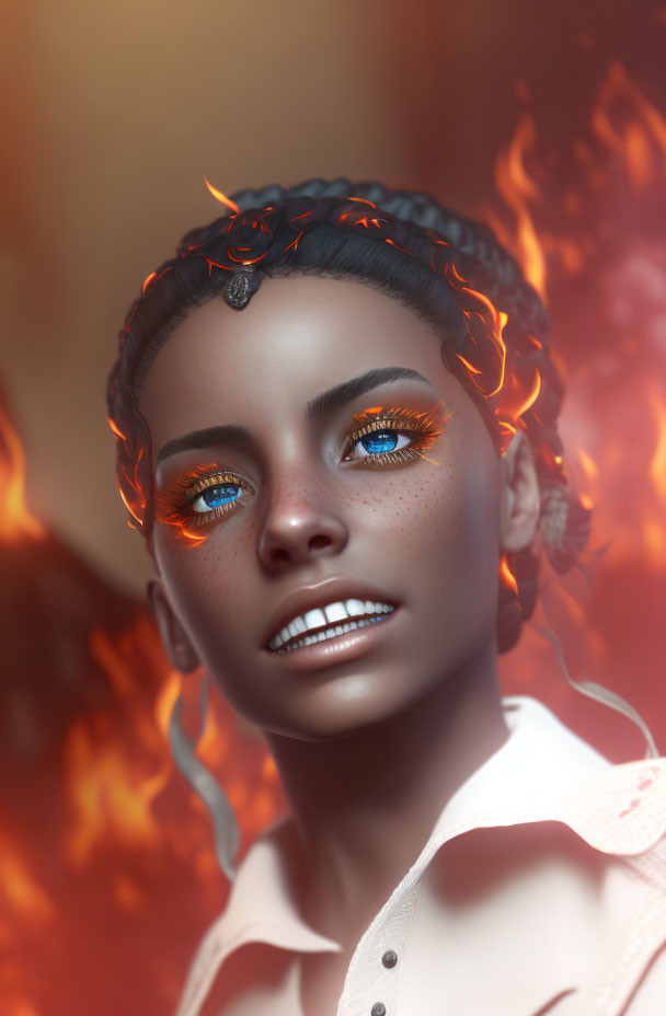 Woman in flames: Digital art with fiery orange eyes, black hair, orange eyeshadow, and