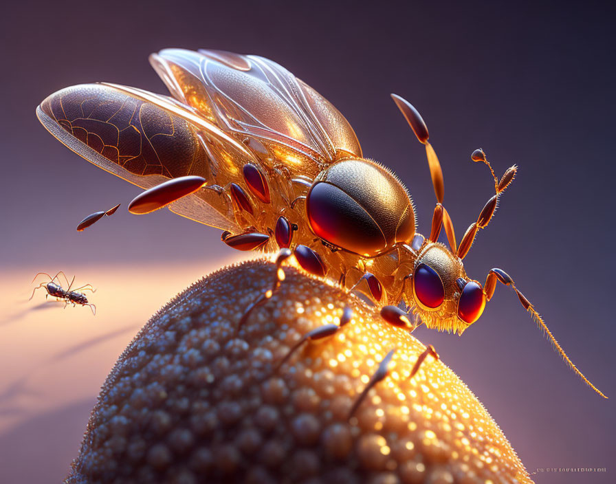 Detailed Close-Up of Golden Mechanical Bee with Real Bee on Textured Surface