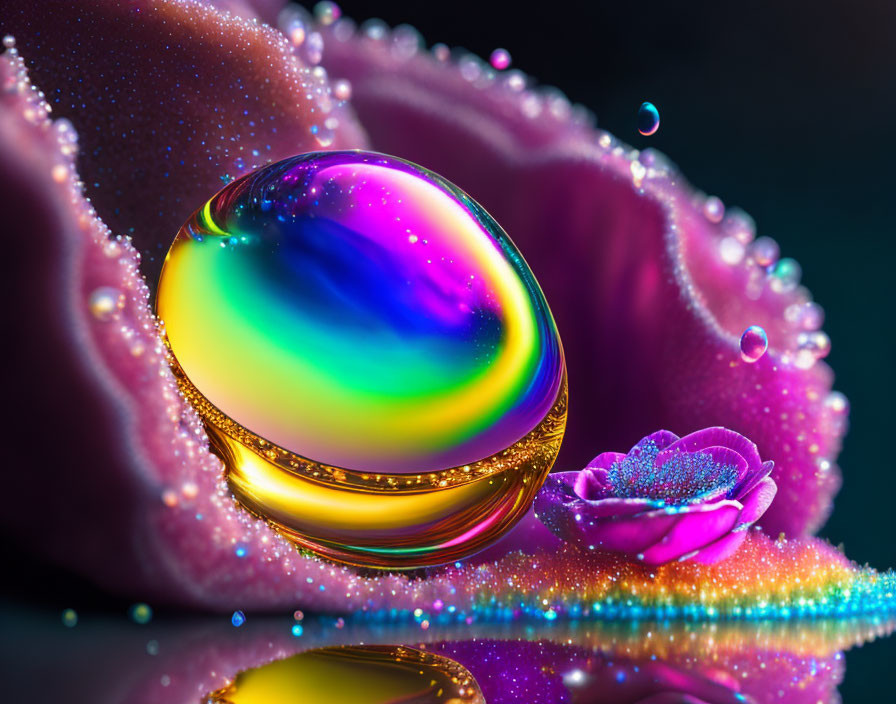 Iridescent bubble on glittering surface with smaller bubbles and dew-covered object under colorful lighting