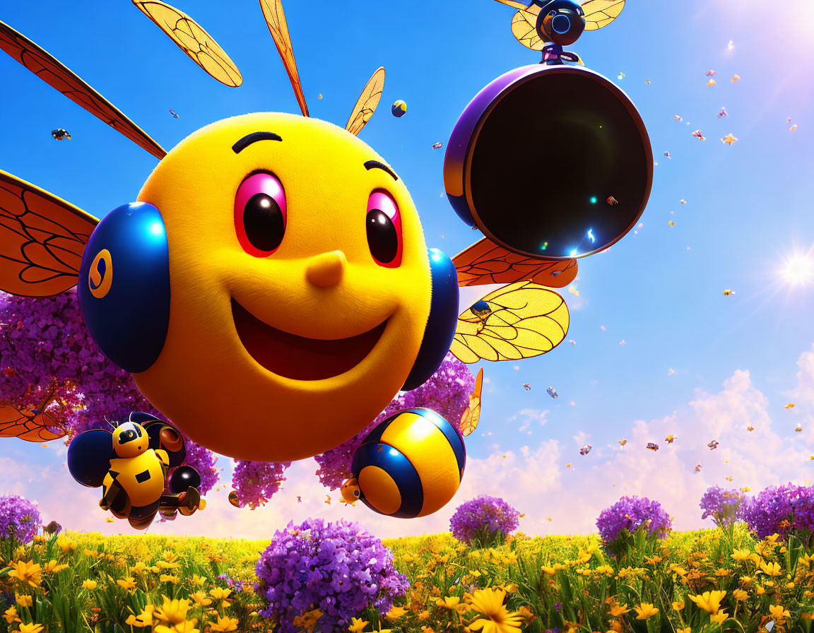 Colorful animated bees flying over vibrant purple flowers in sunny field