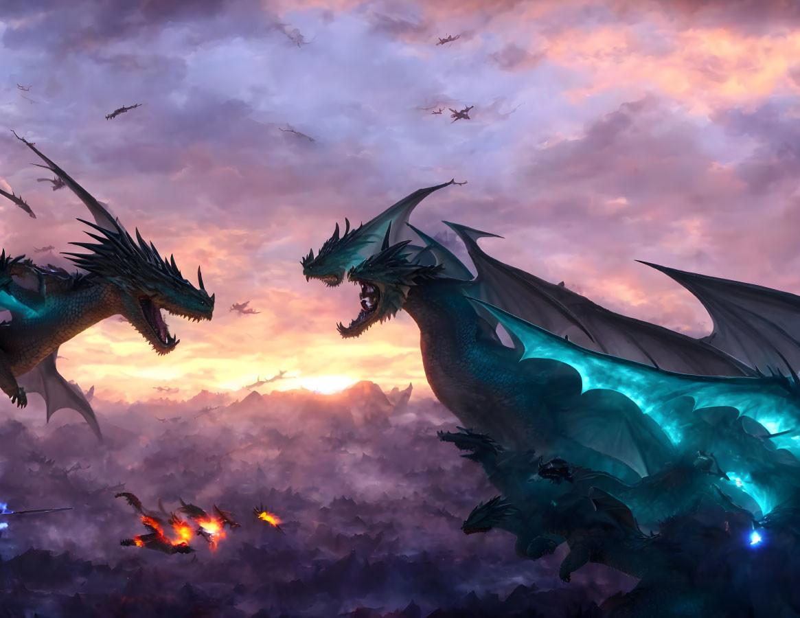 Majestic dragons flying under vibrant sunset sky with purple and orange hues.