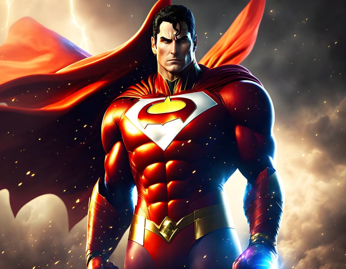 Superman in iconic suit with red cape billowing against dramatic sky