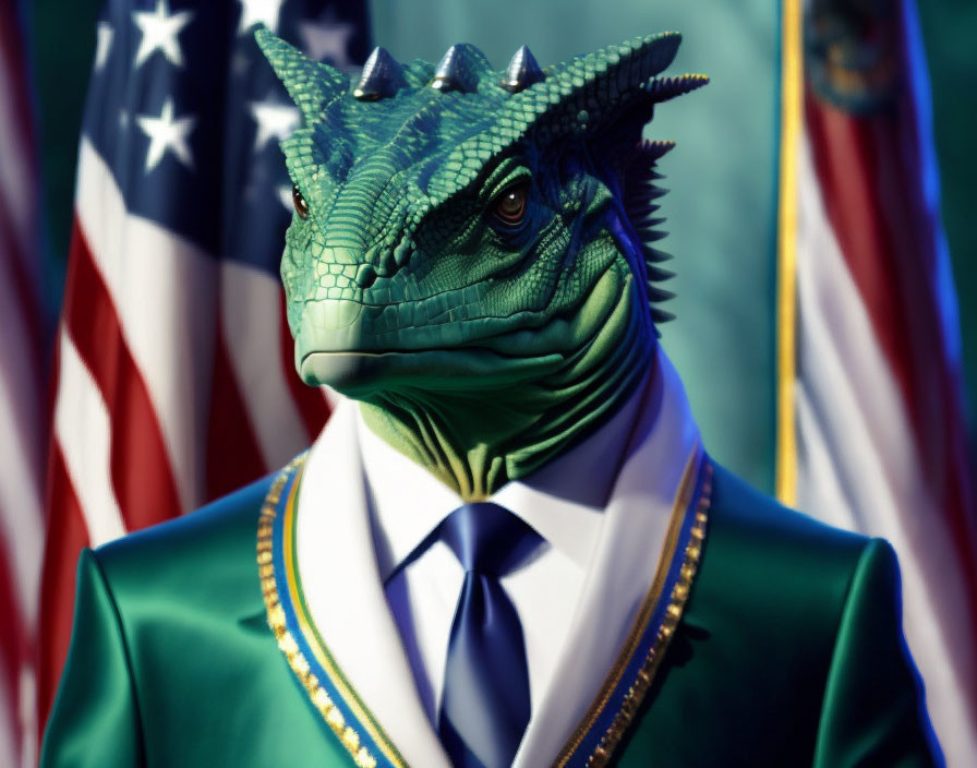 Reptilian humanoid in formal suit with medals among national flags