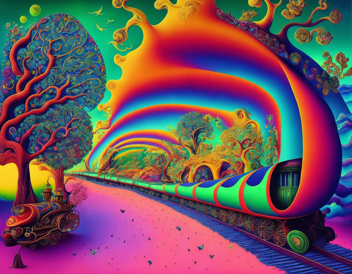 Colorful surreal landscape with psychedelic train and rainbow swirls