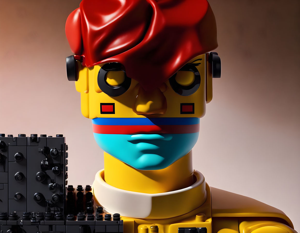 Close-up 3D-rendered LEGO figure with red hairpiece and headphones wearing yellow shirt