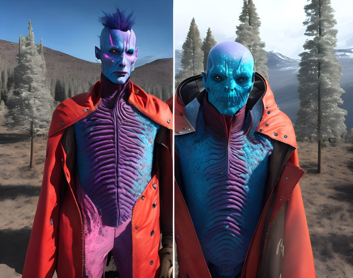 Blue-skinned character in red jacket in wintry forest setting